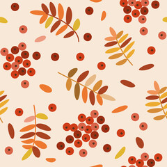 Vector seamless autumn pattern with rowan leaves and rowan berries - 638771936