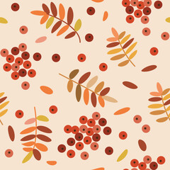 Vector seamless autumn pattern with rowan leaves and rowan berries - 638771940