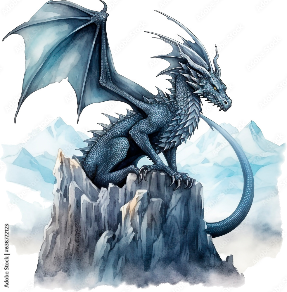 Wall mural Watercolor black dragon illustration isolated. Dark Fairy tale dragons