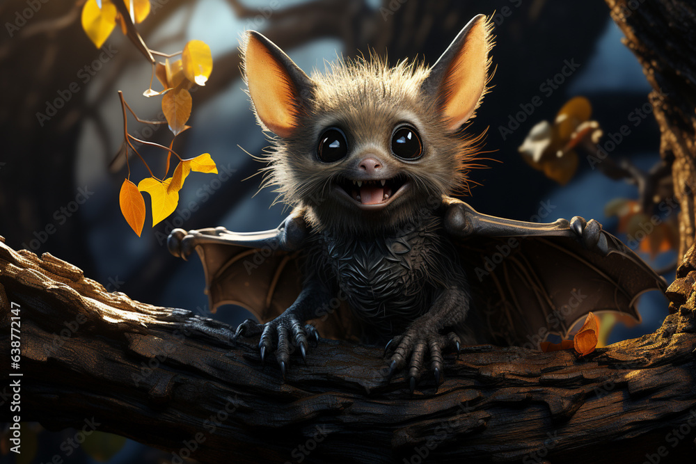 Poster a mischievous cartoon bat with wide wings and a playful grin, dangling from an imaginary branch. gen