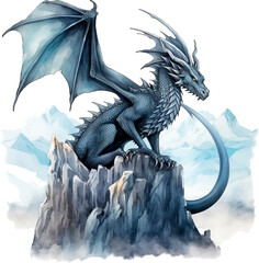 Watercolor black dragon illustration isolated. Dark Fairy tale dragons