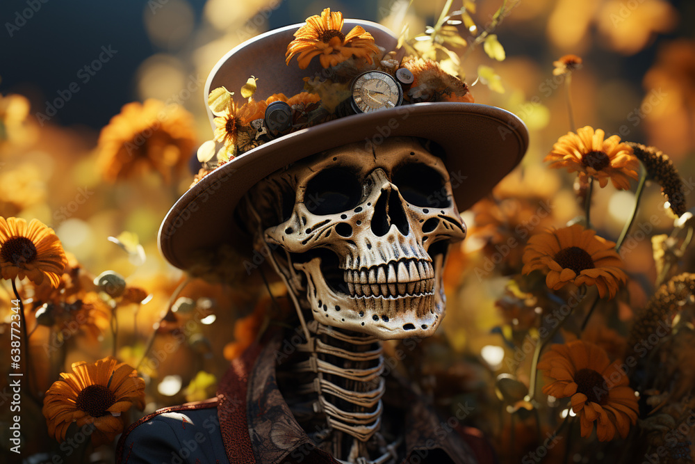 Poster a giggling cartoon skeleton with a flower crown and a peaceful expression, surrounded by autumn foli