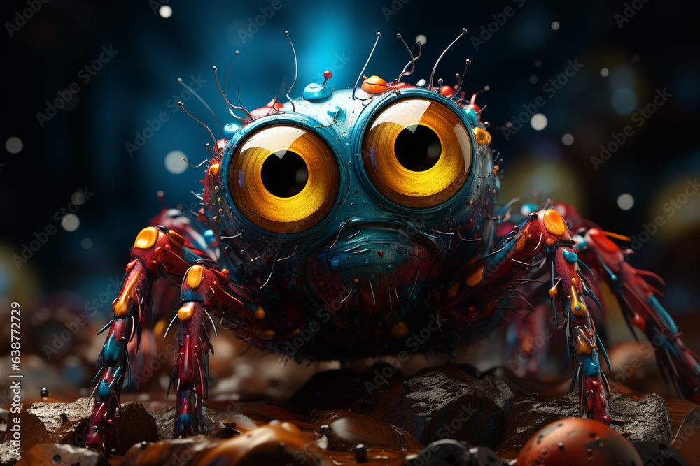 Poster A whimsical cartoon spider with oversized eyes and colorful spots, hanging from a web.  Generative AI technology.