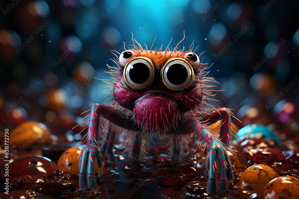 Poster a whimsical cartoon spider with oversized eyes and colorful spots, hanging from a web. generative ai