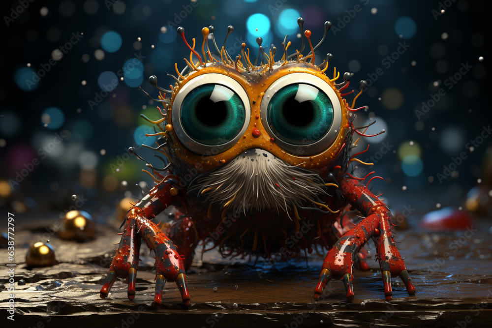 Poster a whimsical cartoon spider with oversized eyes and colorful spots, hanging from a web. generative ai