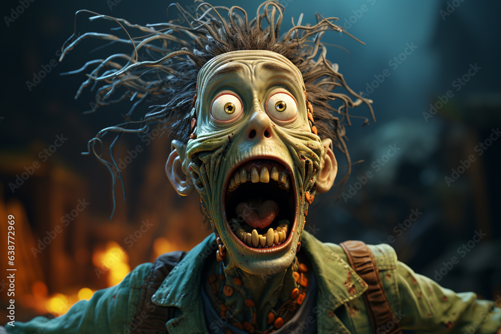 Poster a comical cartoon zombie with mismatched eyes and a goofy grin, reaching out with its arms in a lurc