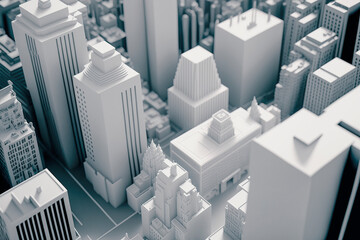 Isometric view of abstract 3d modern city downtown high rise modern buildings and skyscrapers. Generative AI urban planning concept, architectural scale model.