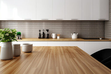 Fototapeta na wymiar Contemporary Kitchen Elegance Blank Brown Wooden Table for Design Mockup Created with generative AI tools