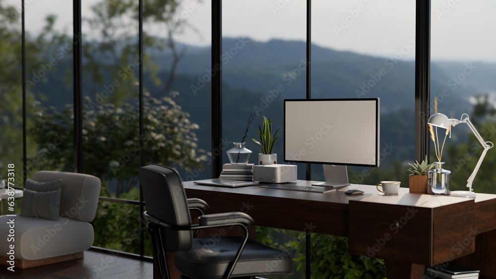 Canvas Prints a computer desk with a computer in a modern, luxury living room. home workspace