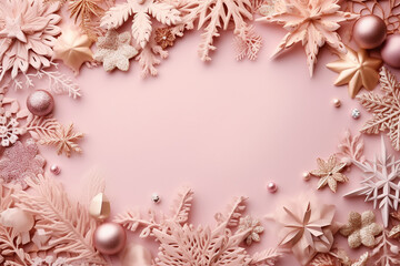 Festive Christmas Frame with Snowflakes, Baubles, and Decorations on Pastel Background Created with generative AI tools