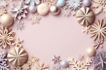 Fototapeta na wymiar Festive Christmas Frame with Snowflakes, Baubles, and Decorations on Pastel Background Created with generative AI tools