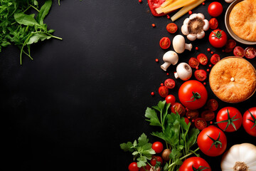 From Ingredients to Delight: Raw Ingredients and Ready-Made Pizza on Black Background Created with generative AI tools