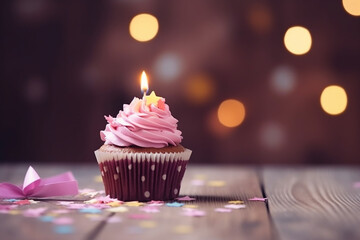 Tempting Birthday Cupcake with Candle on Vibrant Background - Created with generative AI tools