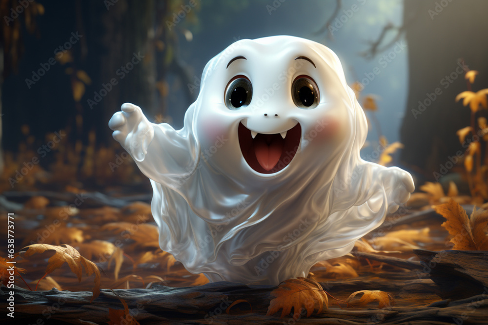 Poster a cute cartoon ghost with round eyes and a friendly smile, floating in mid-air with its white sheet 