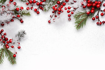 Whimsical Christmas Frame of Gifts, Snowflakes, Fir Tree Branches, and Red Berries background Created with generative AI tools