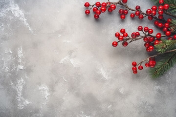 Whimsical Christmas Frame of Gifts, Snowflakes, Fir Tree Branches, and Red Berries background Created with generative AI tools