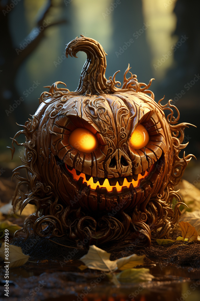 Leinwandbilder an adorable cartoon pumpkin with a carved face, radiating a warm glow from within and casting a play