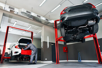 Expert Car Repair. Skilled Mechanic Conducts Maintenance in Service Panorama. Mechanic repairing a...