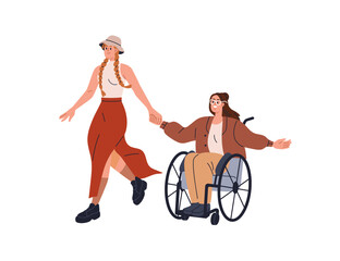 Happy girls friends, woman in wheelchair. Females couple walking, holding hands, girlfriend in wheel chair, person with physical disability. Flat vector illustration isolated on white background