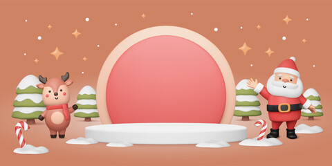 3d Christmas Santa Claus wave hand, deer with round show stand. Vector podium. Snowy trees, stars and candy cane render. Glossy holiday template. Cute characters. Product platform illustration.