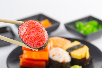 Japanese style food sushi on white background