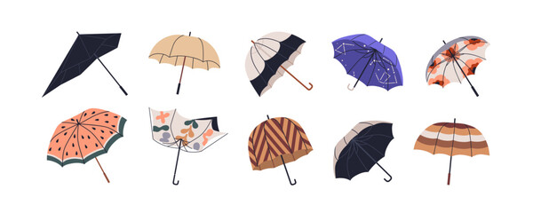 Open umbrellas for rain. Unfolded parasols, protecting canopies set. Rainy weather accessories designs with handles, waterproof fabric. Flat vector illustrations isolated on white background © Good Studio