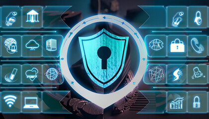 composition integrates recognizable online icons with a shield, underscoring the need for protection and vigilance in the digital realm. wallpaper. Png, Ai Generate 