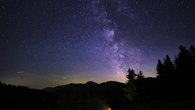 The Milky Way Galaxy moving over the mountain ridge. Starry night. Perseid Meteor Shower