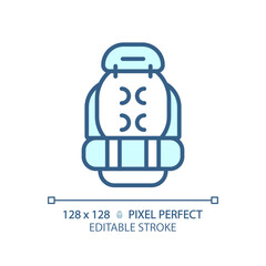 2D pixel perfect blue backpack icon, isolated vector, editable hiking gear thin line illustration.