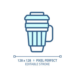 2D pixel perfect blue travel mug icon, isolated vector, editable hiking gear thin line illustration.