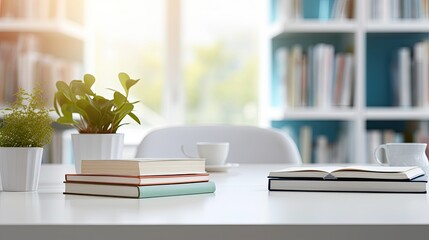 Cropped shot of white table with books, stationery and copy space in blurred study room