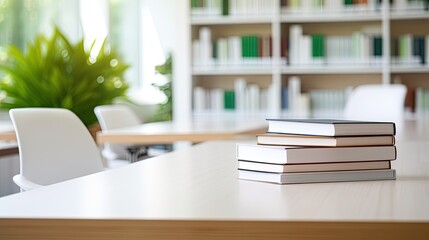 Cropped shot of white table with books, stationery and copy space in blurred study room