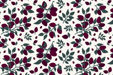 seamless pattern with plums on a branch. Vector pattern with berries, fruits and leaves, autumn, spring pattern