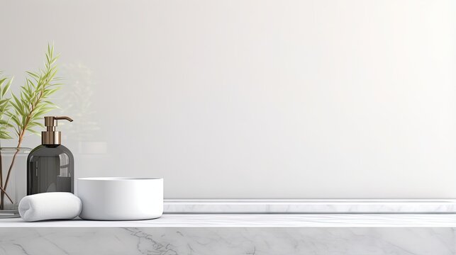 Bathroom accessories on a shelf in front of a white wall with copy space