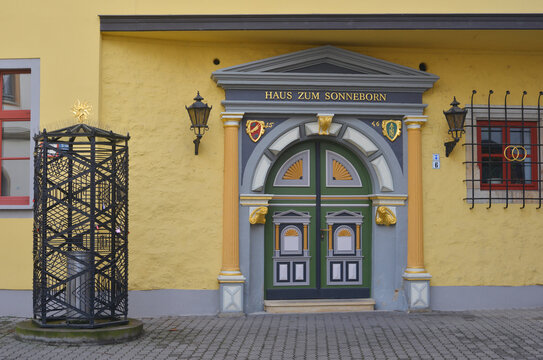 Erfurt, entry door and facade of the historical Haus Sonneborn, heritage architecture