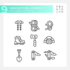 Fototapeta premium 2D pixel perfect collection of icons representing hiking gear, editable isolated black thin line illustration.