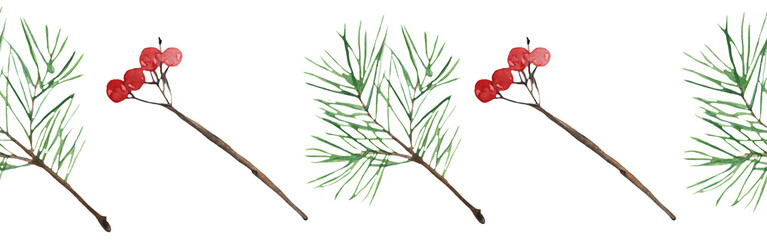 Christmas watercolor horizontal seamless pattern with fir and holly berries on white backgground.Winter print.