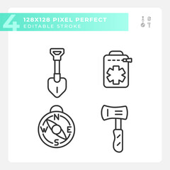 Pixel perfect black icons pack representing hiking gear, editable isolated thin line illustration.