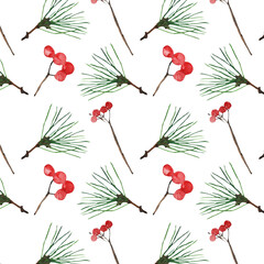 Christmas watercolor horizontal seamless pattern with fir and holly berries on white backgground.Winter print.