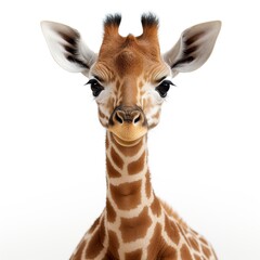 a cute baby giraffe face camera in white background