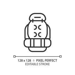 2D pixel perfect black backpack icon, isolated vector, editable hiking gear thin line illustration.