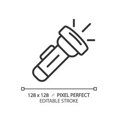 2D pixel perfect black flashlight icon, isolated vector, editable hiking gear thin line illustration.