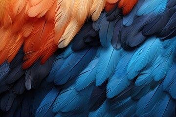 Beautiful multicolour feathers background in dark pastel colors. Closeup image of colorful fluffy feather. Minimal abstract composition with place for text. Copy space