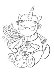 contour line illustration cartoon style new year christmas children's postcard coloring book toy unicorn cute with sock gifts design element