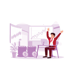Freelance stockbroker celebrating successful trading sitting near his desk and raising hands as a symbol of victory and success. Trend Modern vector flat illustration