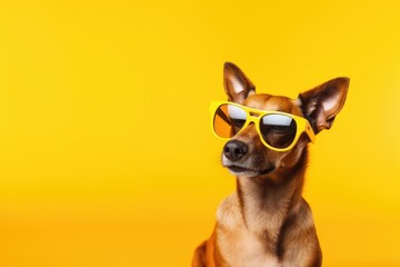 Closeup portrait of terrier dog in fashion sunglasses. Funny pet on bright yellow background. Puppy in eyeglass. Fashion, style, cool animal concept with copy space