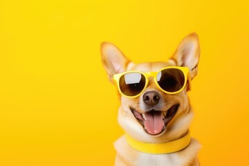 Closeup portrait of smile chihuahua dog in fashion sunglasses. Funny pet on bright yellow background. Puppy in eyeglass. Fashion, style, cool animal concept with copy space