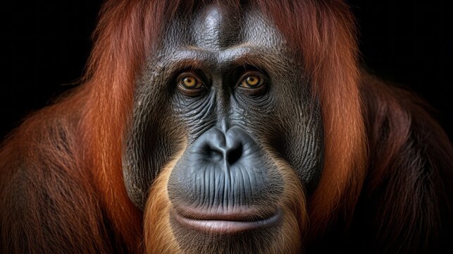 Zoo wildlife animal - Closeup portrait head of old orangutan (pongo), isolated on black background