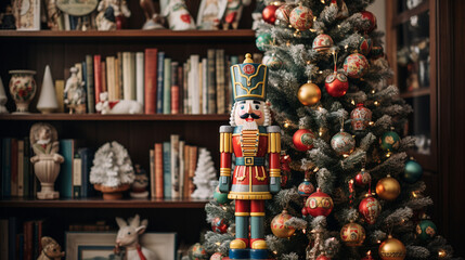 A whimsical Christmas tree decorated with vintage toys, wooden nutcrackers, and a charming mix of rustic and nostalgic ornaments 