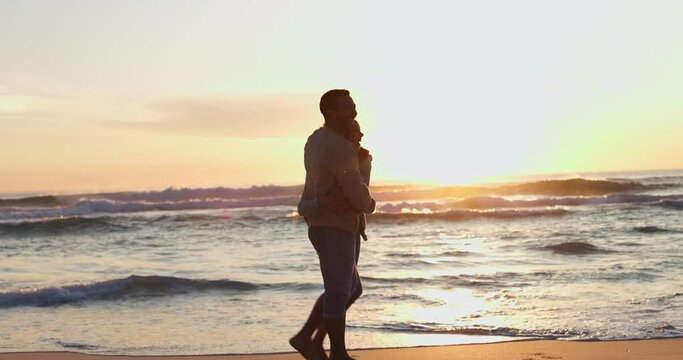 Beach silhouette, sunset and couple walking, point and gesture at outdoor view, destination or date location. Relax journey, sunshine and dark shadow of marriage people bonding on travel holiday